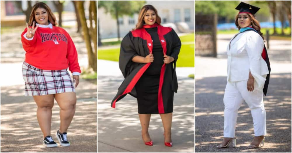 Black lady is the first female in her family to earn a master's degree. Photo credit: Teryn Pierce.