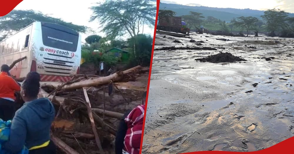 Collage of vehicle swept away by floods in Kijabe (l) and aftermath of the flooding in Mai Mahiu (r).