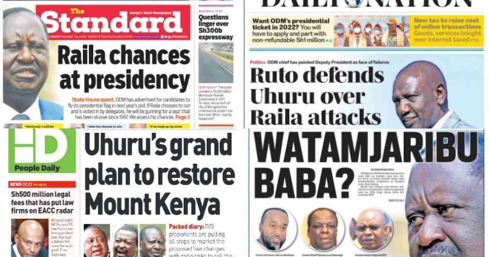 Kenyan newspapers review for January 25: Raila follows Uhuru footsteps, addresses Mount Kenya voters in vernacular station