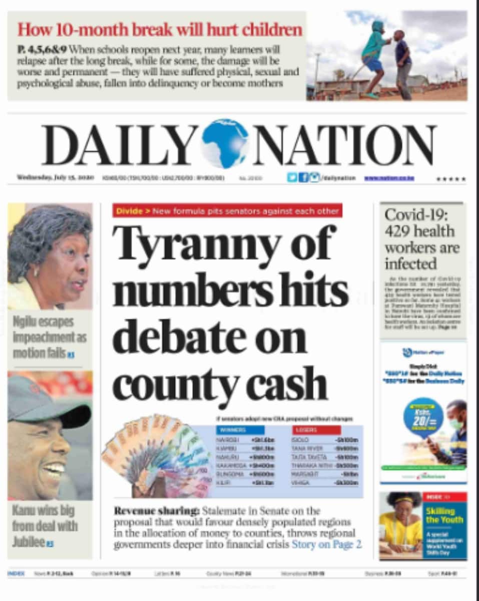 Kenyan newspapers review for July 15: Ruto, Raila unite to fight Uhuru's revenue allocation plan