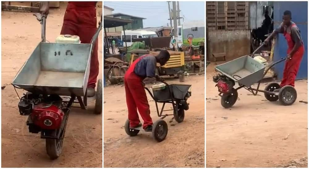 Innovative wheelbarrow with fuel tank, tree wheels and engine.