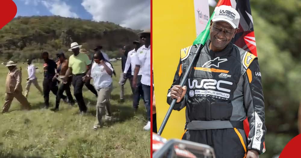 President William Ruto and his entourage in Naivasha (l). Ruto holding the Kenyan flag during the WRC in Nakuru county.