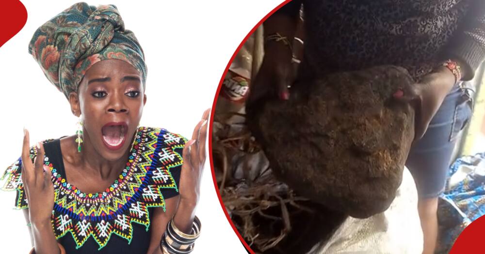 The left frame shows a lady in shock, and the right frame shows a screen grab from the video of a lady who found stones in her sack of charcoal.