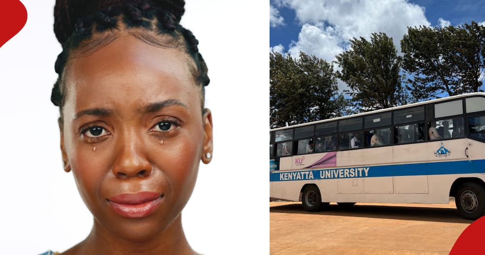 Woman crying (left frame). Kenyatta University bus (right frame). A bus from the institution was involved in a fatal accident.