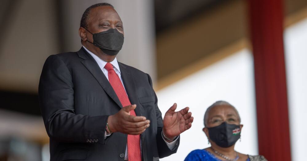 Uhuru Kenyatta gestures during the 2021 Mashujaa Day celebrations in Kirinyaga.