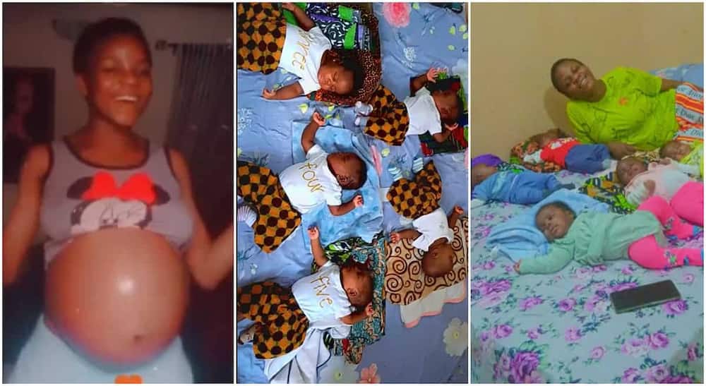 Photos of a mother and her quintuplets.