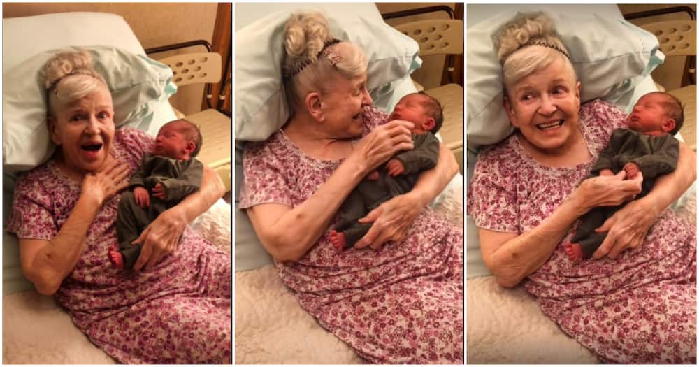 A 90-year-old granny and her great-grandchild.