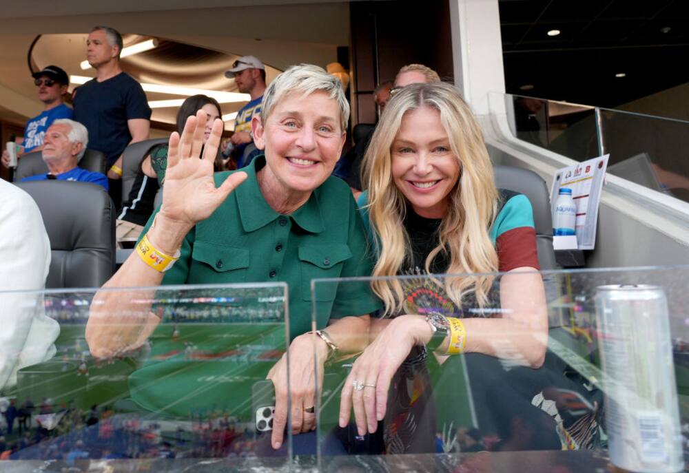 Ellen DeGeneres and Portia de Rossi attend Super Bowl LVI at SoFi Stadium i...