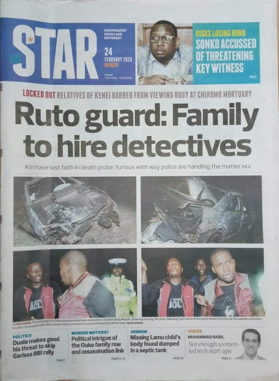 Kenyan newspapers review for February 24: Kipyegon Kenei's family to hire private detectives to probe officer's death