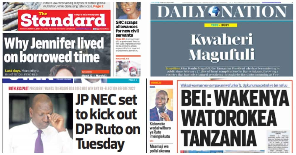 National dailies on Thursday, March 18. Photos: Taifa Leo, Nation, The Standard and The Star.