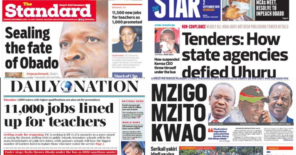 Magazeti Jumatano Septemba 2: Obado alia baada ya ODM kuamua kumkaanga