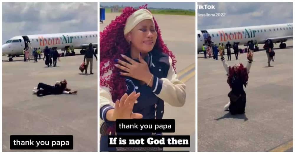 Ibom Air, Nigerian lady rolls on the ground, aeroplane, burst into tears