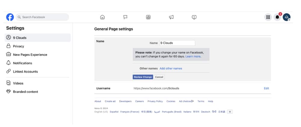 Facebook page settings page when changing the name