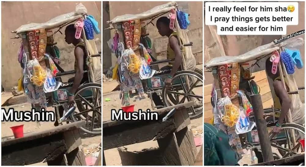 Photos of a disabled man using his wheelchair as a shop.