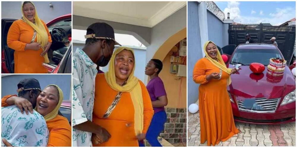 Priceless moment Nigerian woman blushes, hugs son tightly as he gifts her new car