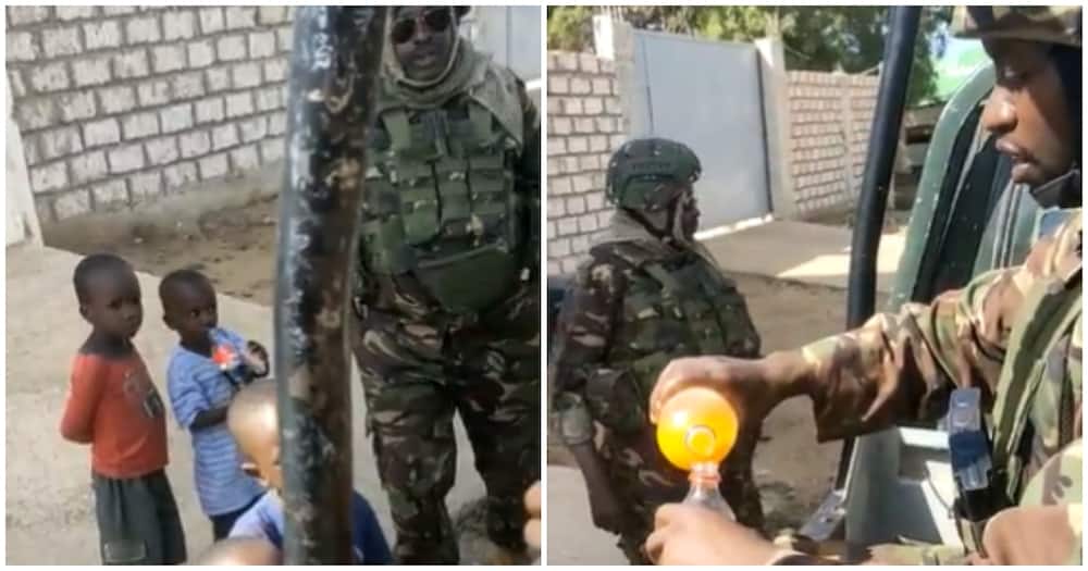 The kind KDF officer shared his juice among children.