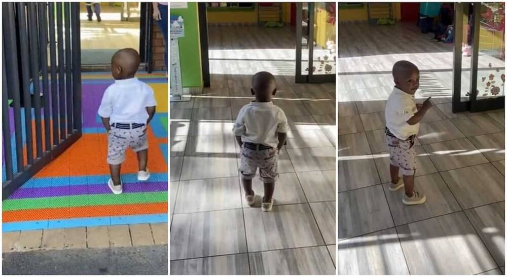 Photos of a kid confidently walking into class on first day of school