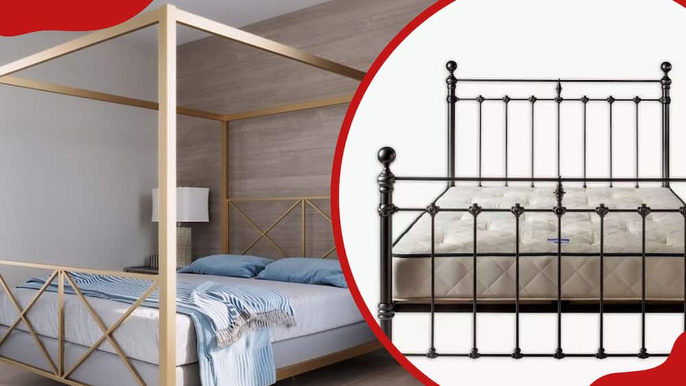 A photo collage of two metal bed designs