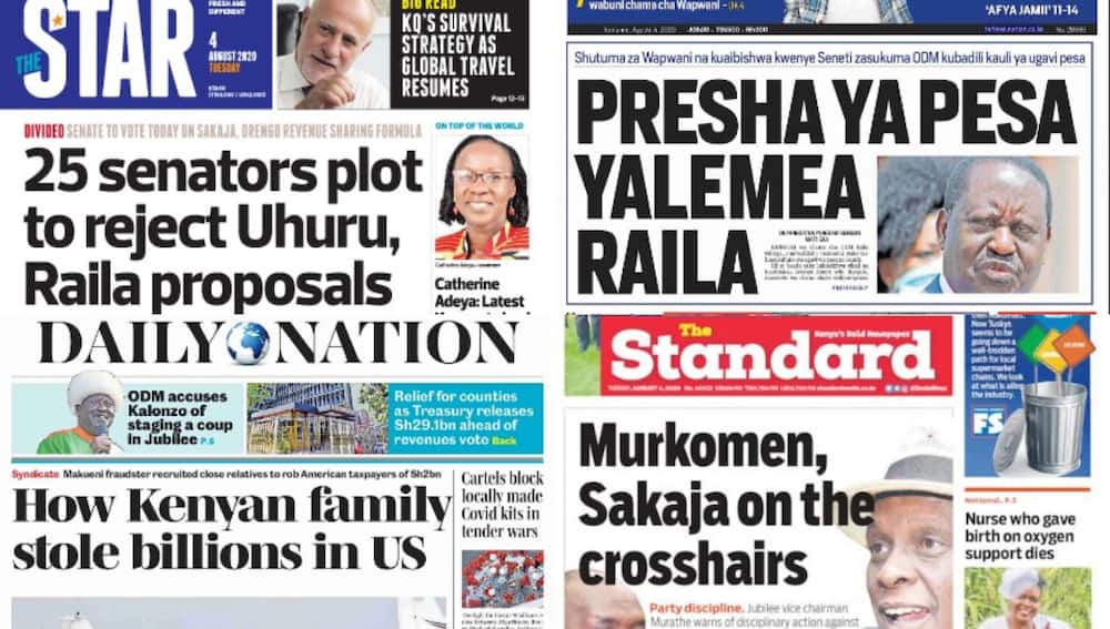 Kenyan newspapers review for August 4: David Murathe says Jubilee will expel senators Sakaja, Murkomen