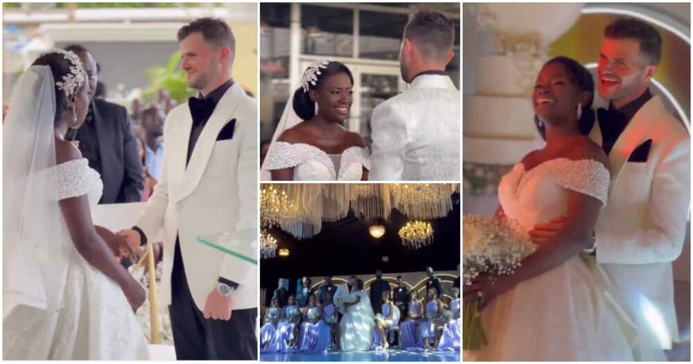 Photos from the wedding of interracial couple.