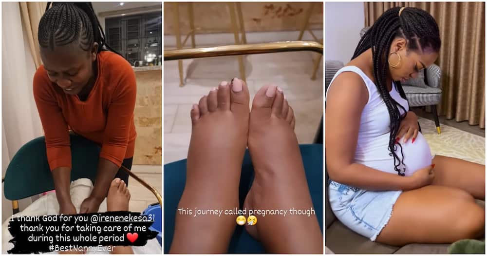 Irene Nekesa (l) massaging Diana Marua's swollen feet (m).
