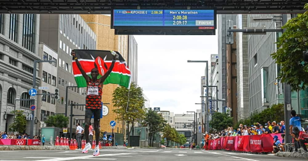 Eliud Kipchoge of Kenya celebrates after winning the men's marathon at Sapporo Odori Park during the 2020 Tokyo Summer Olympic Games. (Photo By Ramsey Cardy/Sportsfile via Getty Images)