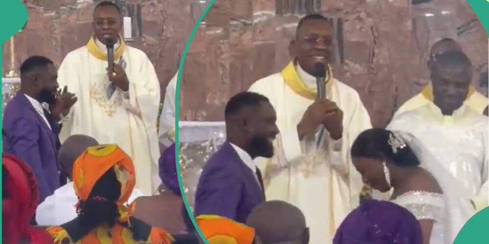 Priest stops groom from kissing too long.