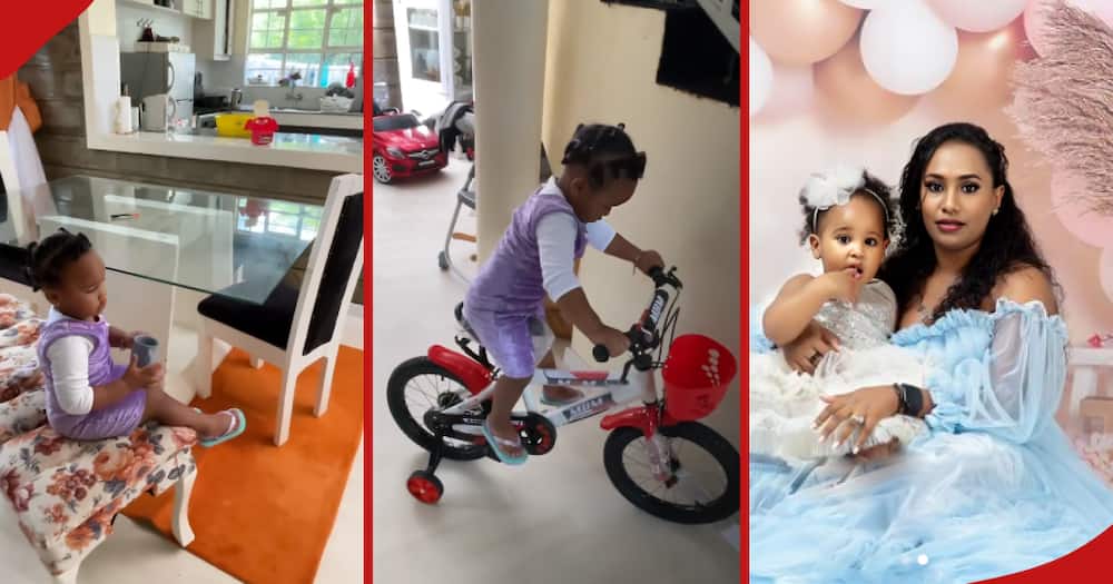 Pascal Tokodi's wife Grace Ekirapa with her daughter AJ as the little girl turned two (r). AJ trying her new bike (c).