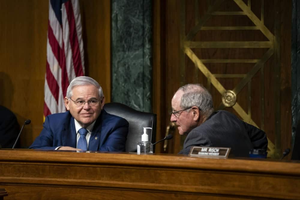 Senator Bob Menendez (left) and Senator Jim Risch, the top Democrat and Republican respectively on the Senate Foreign Relations Committee, in April 2022