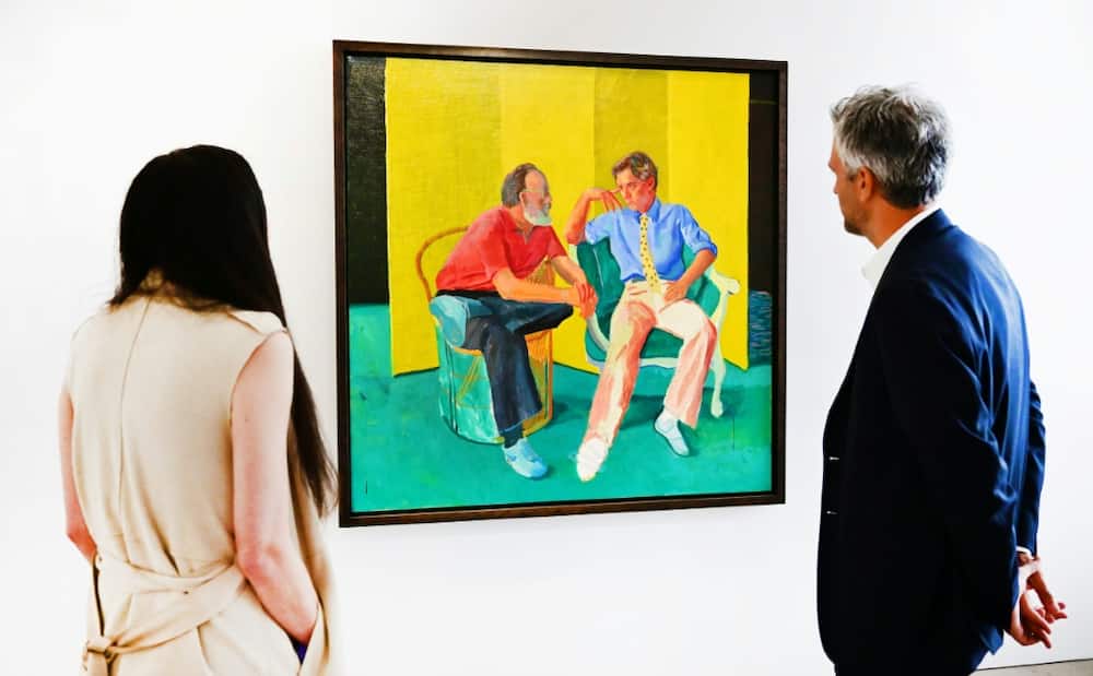 'The Conversation' by David Hockney, part of Paul Allen's art collection, is on display at Christie's Los Angeles on October 12, 2022