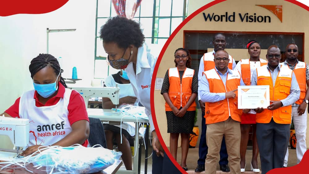 A collage of Amref and World Vision workers