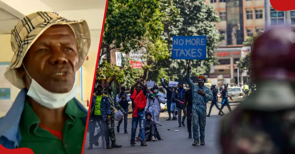 Nairobi dad Joseph Adero Nyangari (l) talks to the press about his son. People clash with police during a protest against the tax hikes in planned Finance Bill 2024 (r).