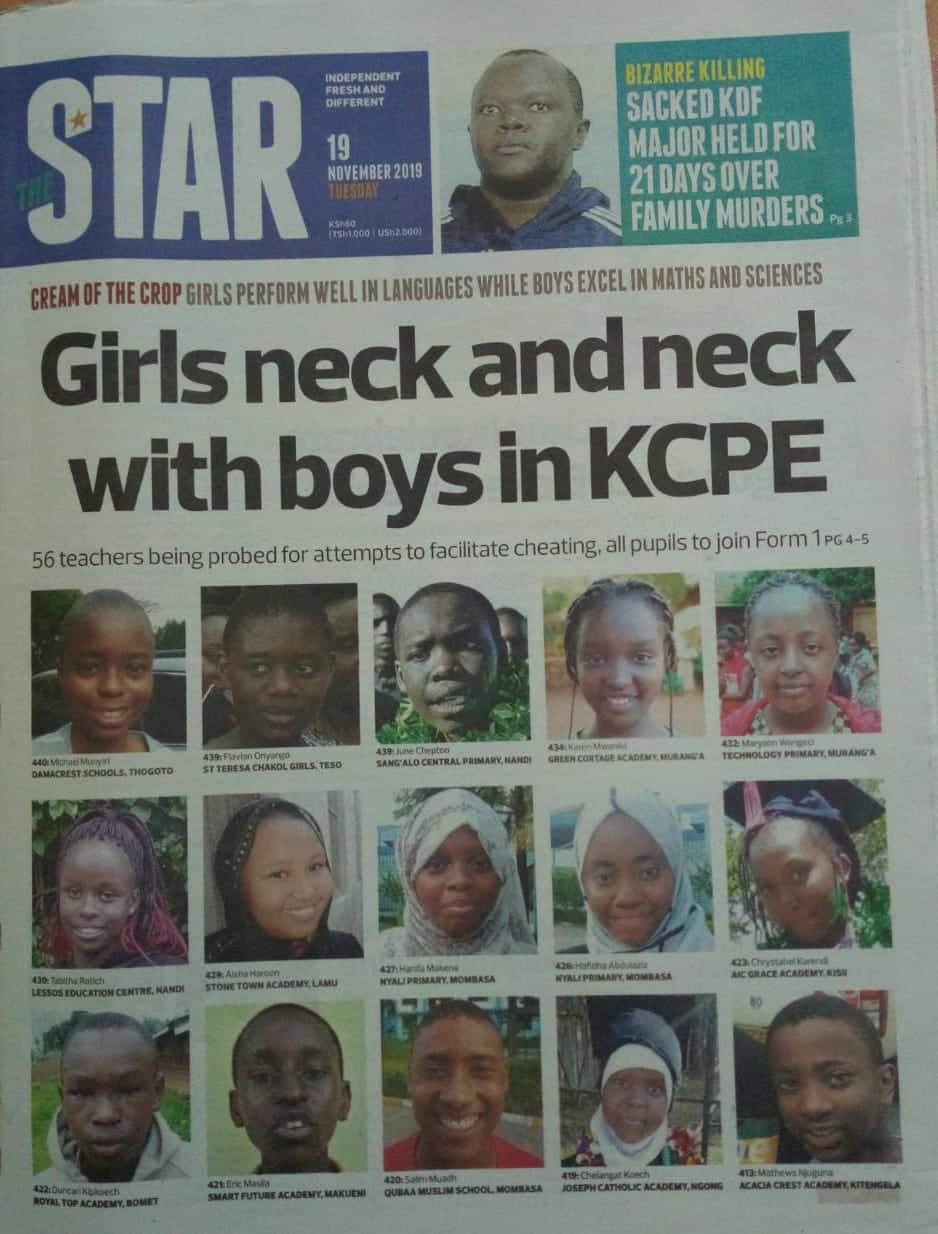 Kenya newspaper review for November 19: Girls catching up with boys in the 2019 KCPE
