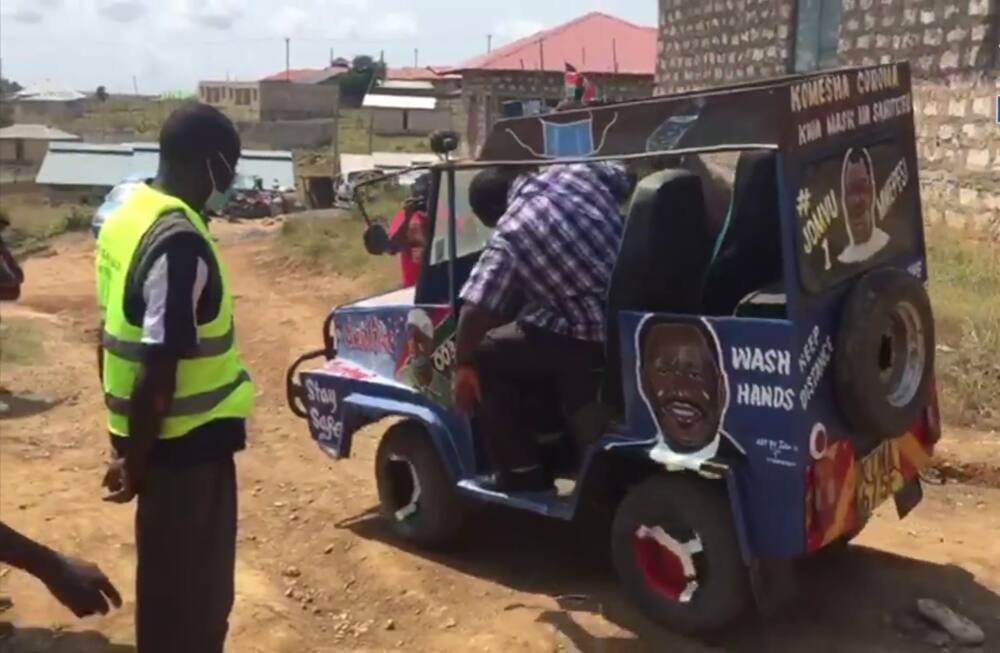 Mombasa man innovates car from spare parts, uses it to distribute free masks