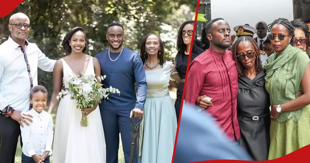 Francis Ogolla (l) pictured with his family during his son's wedding, Ogolla's widow (r) is comforted by son and daughter-in-law.