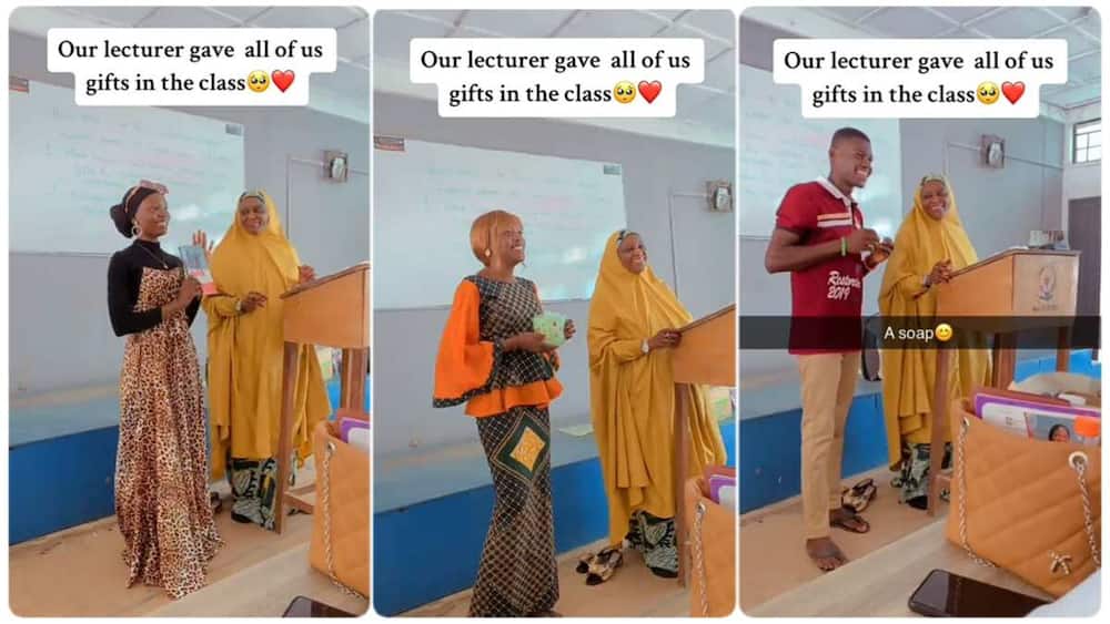 Un profesor sorprende con un regalo a sus alumnos en clase, mientras caminan emocionados hacia el podio en un vídeo