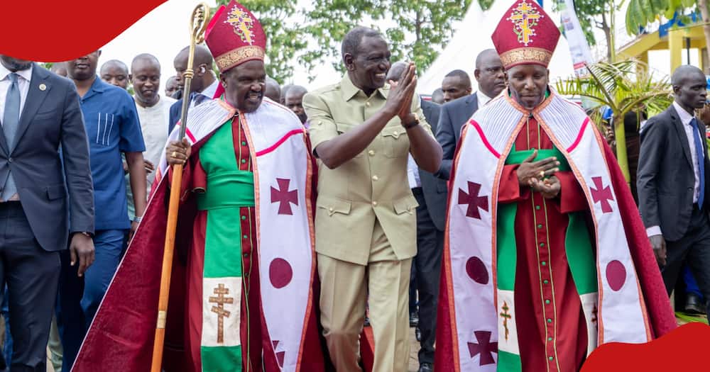 President William Ruto (in a khaki suit) sandwiched by African Independent Pentecostal Church of Africa clergy during a holy celebration event in Makadara.