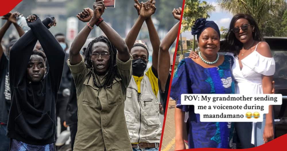 Kenyans in the streets (l) protesting against Finance Bill 2024, a Kenyan lady (r), and her grandmother.