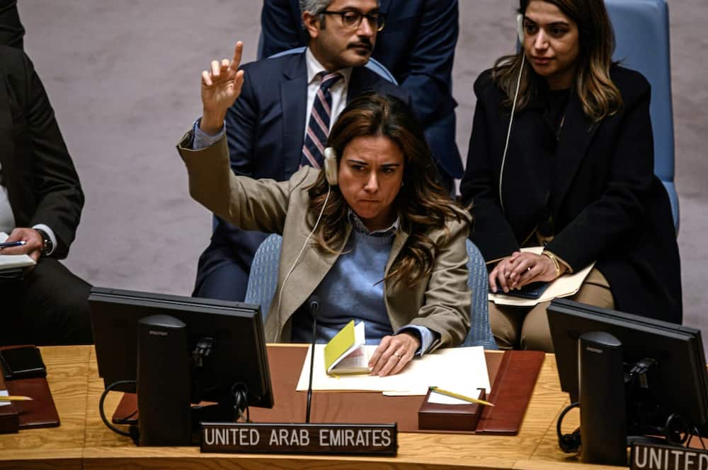 The United Arab Emirates envoy to the United Nations, Lana Nusseibeh, signals her country's support at the UN Security Council for a resolution condemning Russia for its annexation votes in four territories of Ukraine