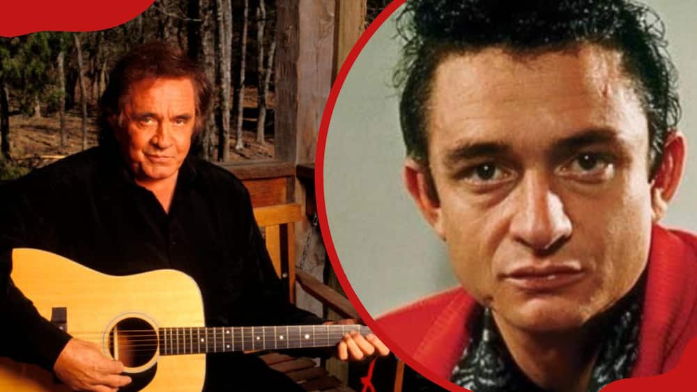 A collage of Johnny Cash with Takamine acoustic guitar and Johnny Cash at an interview