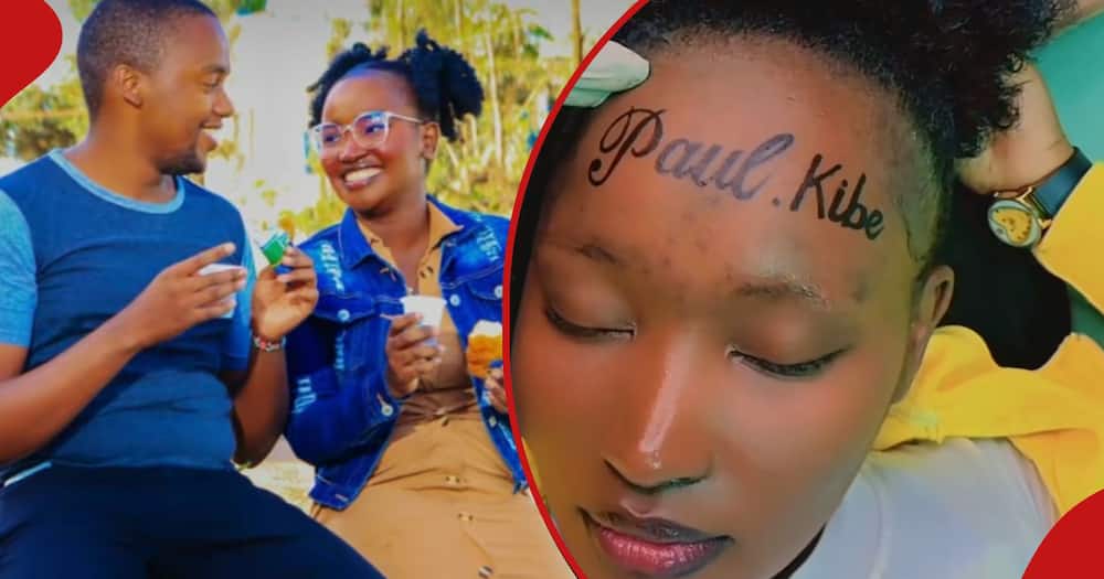 Kenyan woman and her lover (left). Kenyan woman showcases her forehead with her lover's name written on it (right).
