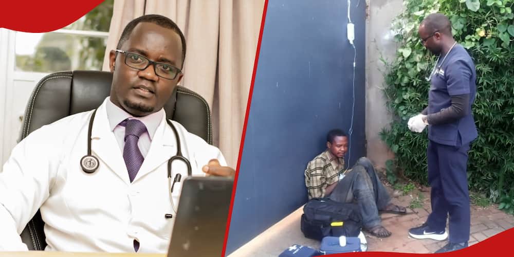 Collage of Dr Willis Ageng’a in his office and on the roadside helping the distressed man.