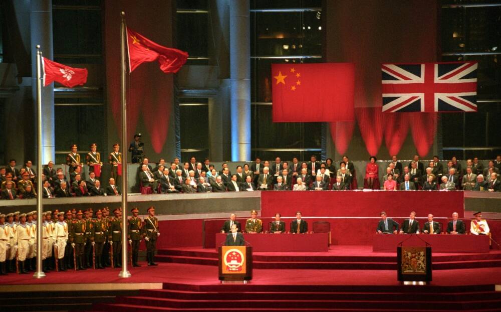 Chinese President Jiang Zemin addresses delegates during the formal handover of Hong Kong on July 1, 1997
