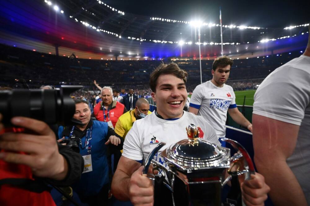France captain Antoine Dupont with the Six Nations trophy in March