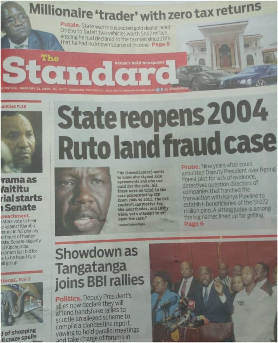 Kenyan newspapers review for January 22: Ruto's woes continue as State reopens 2004 land fraud case