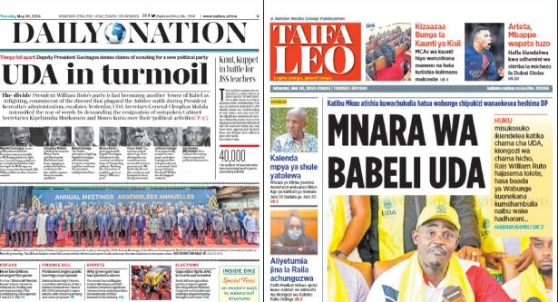 Front headlines of Daily Nation and Taifa Leo newspapers.