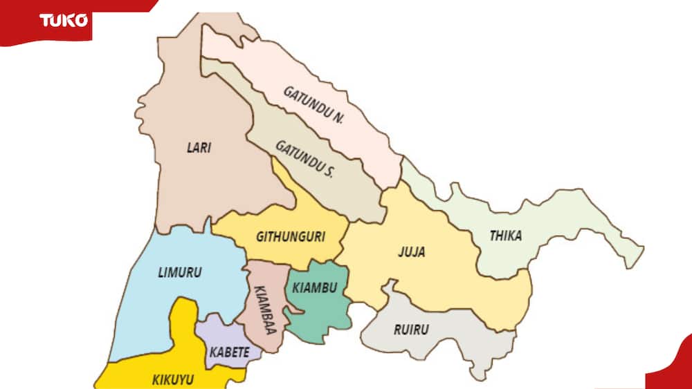 Map showing the 12 constituencies in Kiambu County.