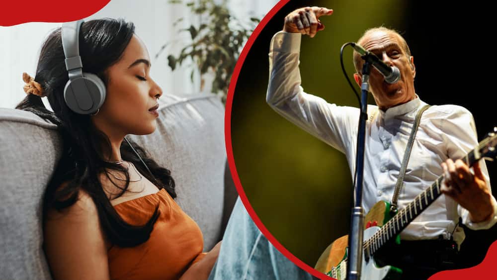 A young woman listening to music on a couch (L), musician Francis Rossi performing on stage (R).