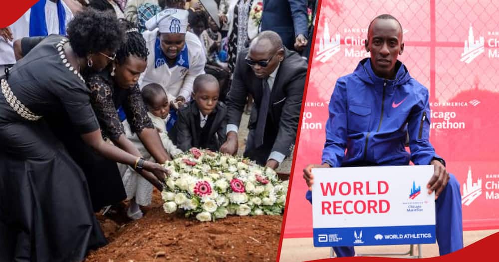 Kelvin Kiptum's family lay flowers on his grave, right frame shows the late athlete.