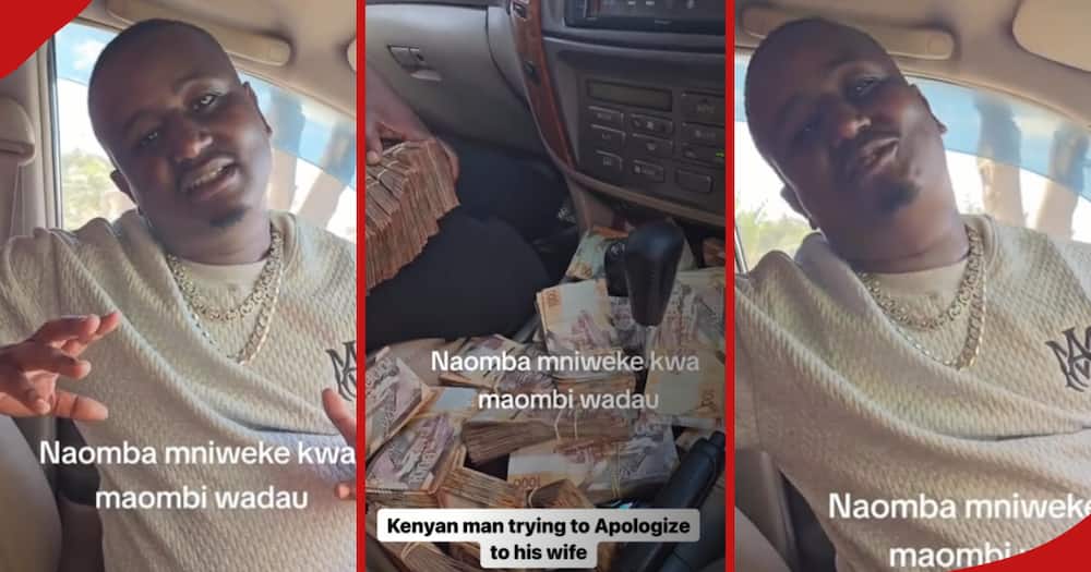 Kenyan man flaunts money meant as apology to wife.